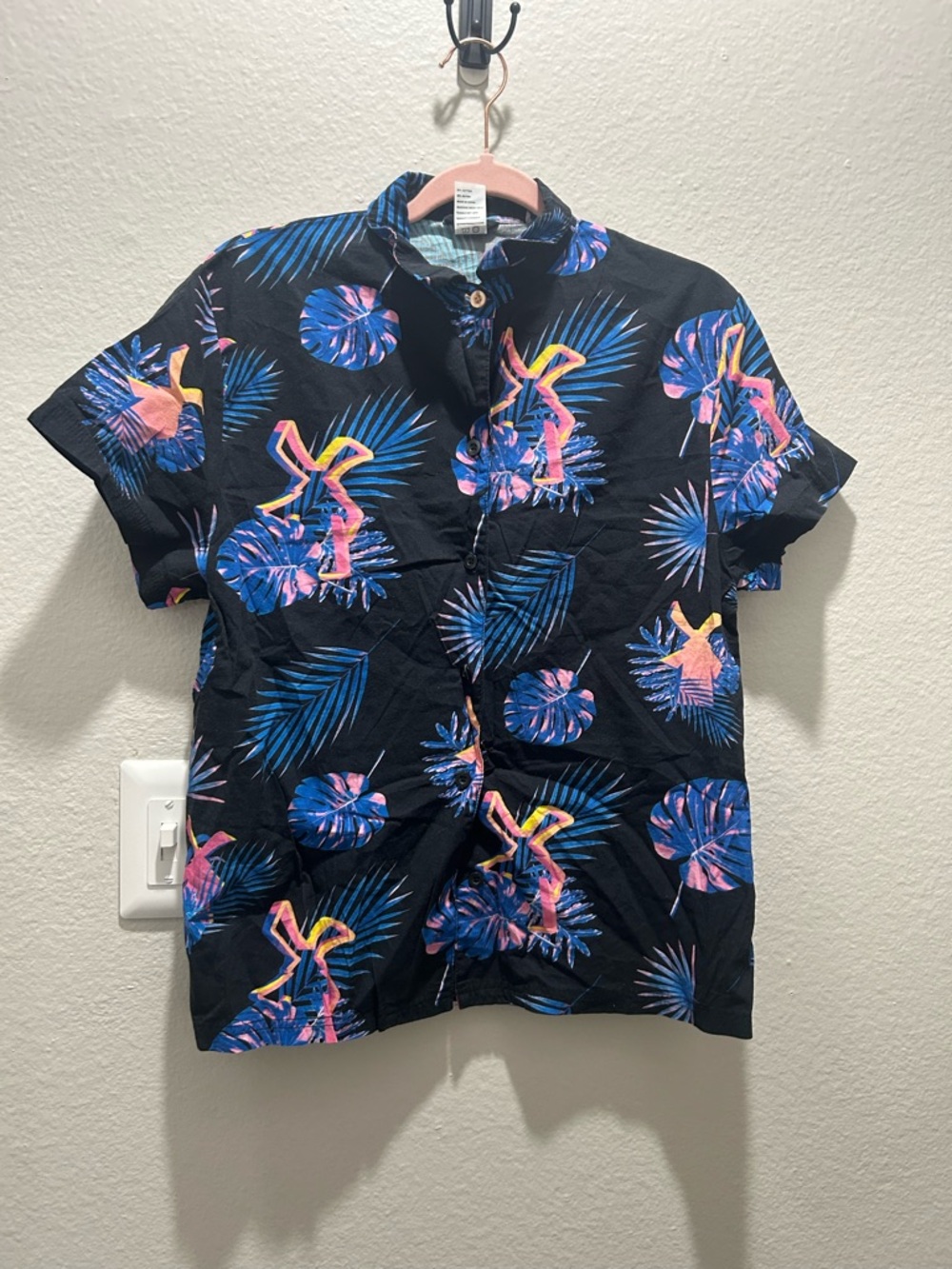 Casual Black Tropical Print Short-Sleeve Button-Down Shirt